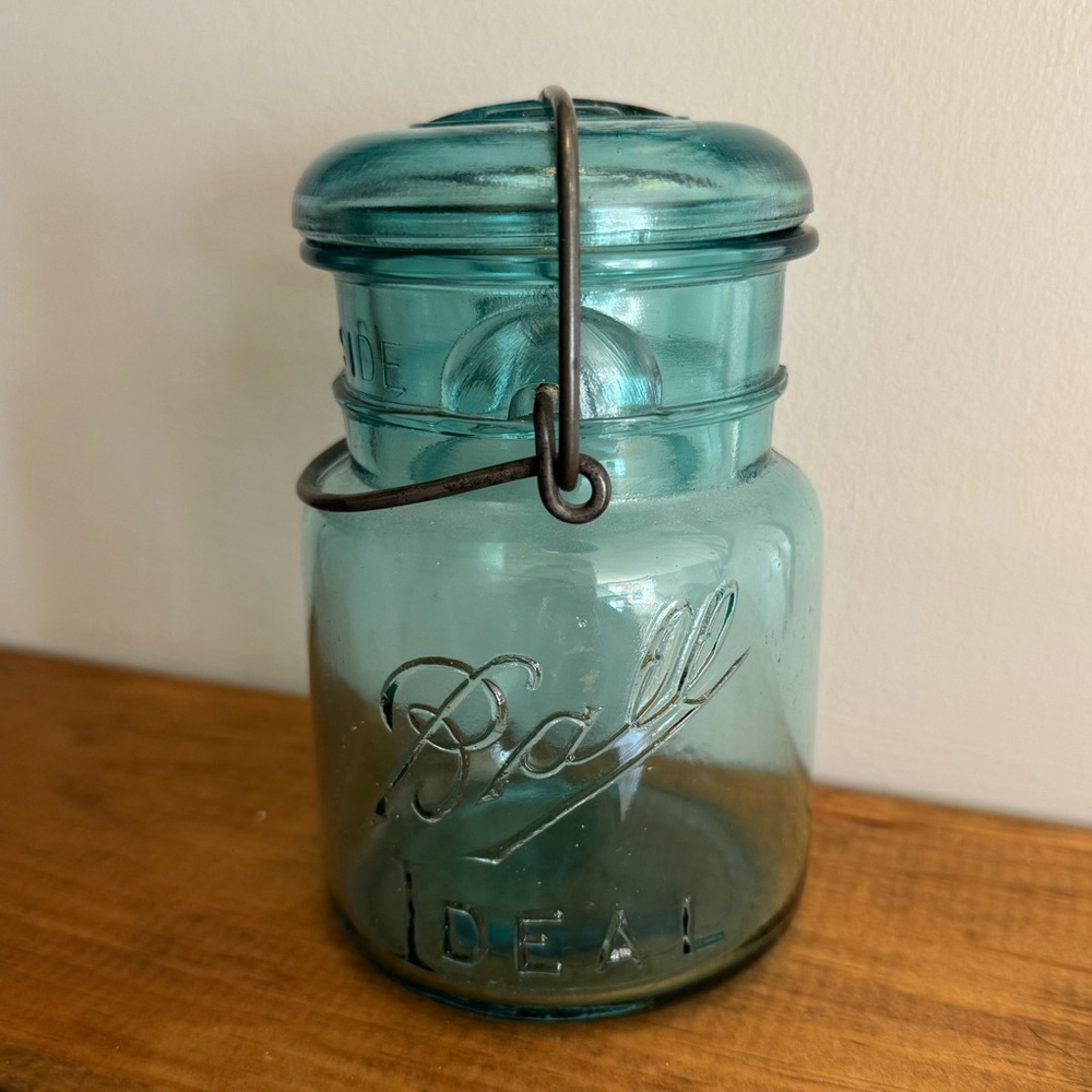 Antique Ideal Ball Jar - Wire Lid - Blue Glass - Vintage - Early 1900s